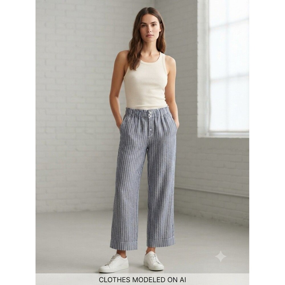 Blue White Striped Linen Blend Wide-Leg Cropped Pants Relaxed Nautical Coastal